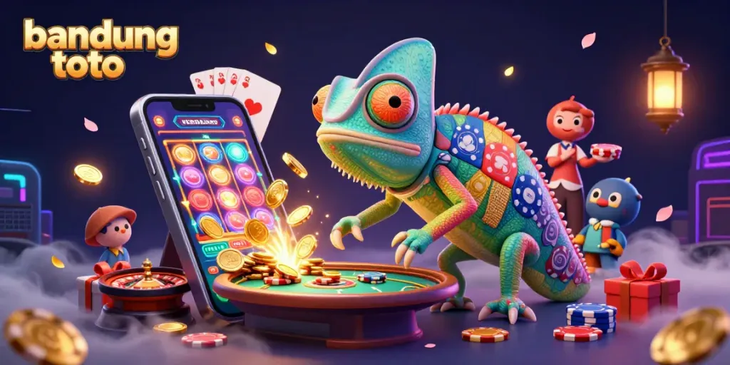 Experience the vibrant games at bandung toto with a lively 3D chameleon casino owner and dynamic gaming elements.