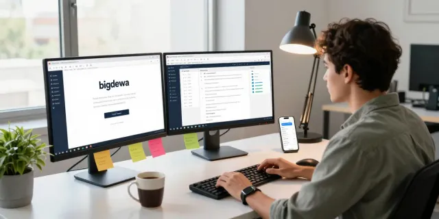 Focused individual engaged in bigdewa login interface design in a modern workspace