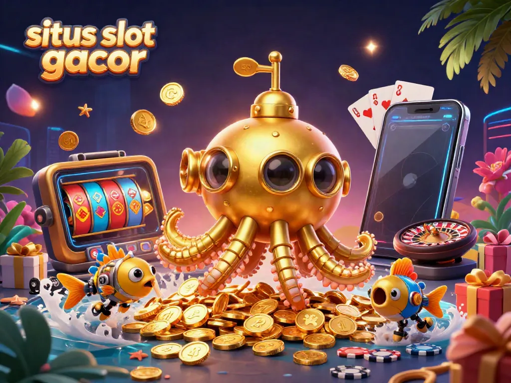Engage with situs slot gacor amidst a vibrant underwater scene filled with golden coins and slot game elements.