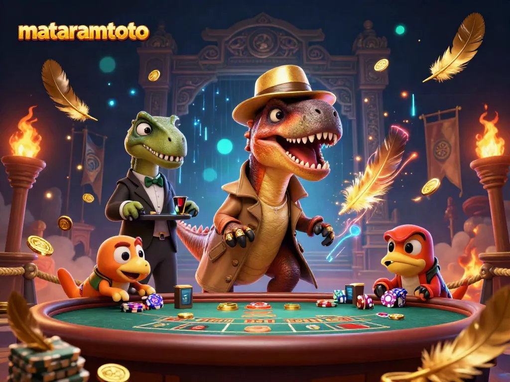 Vibrant illustration showcasing mataramtoto with a cartoon velociraptor and a stegosaurus at a blackjack table in a gambling setting.