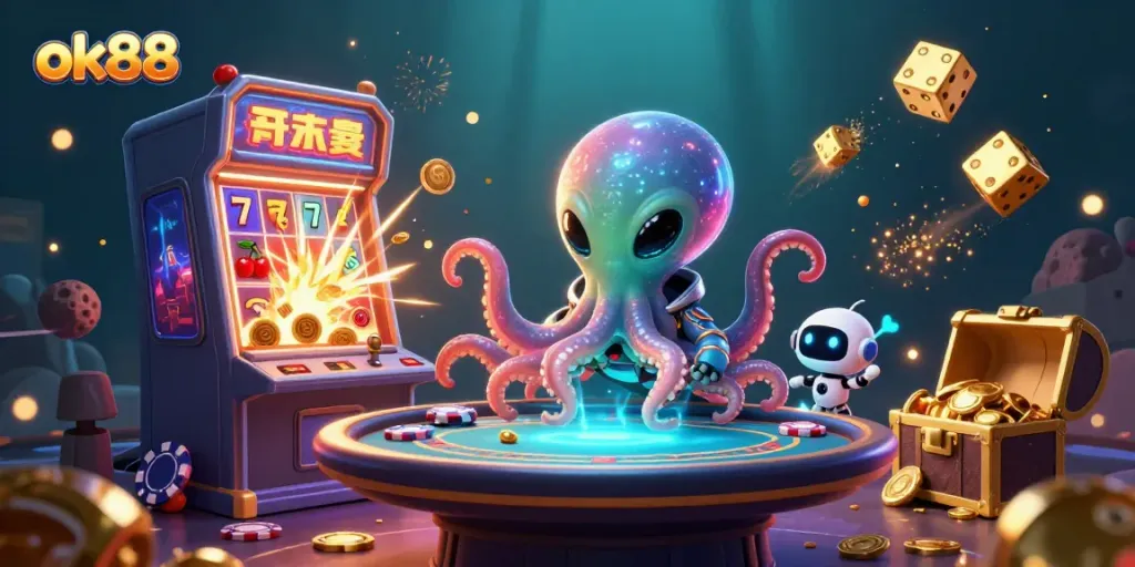 Engaging alien octopus at a holographic poker table with jackpot rewards, themed around ok88.