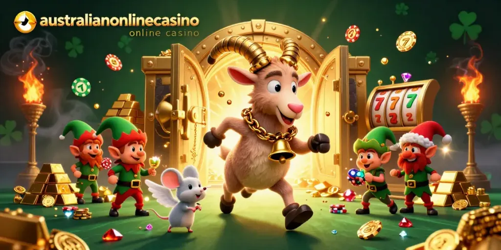 A festive scene featuring a Krampus goat at a holiday casino, encapsulating the vibe of australianonlinecasino online casino.