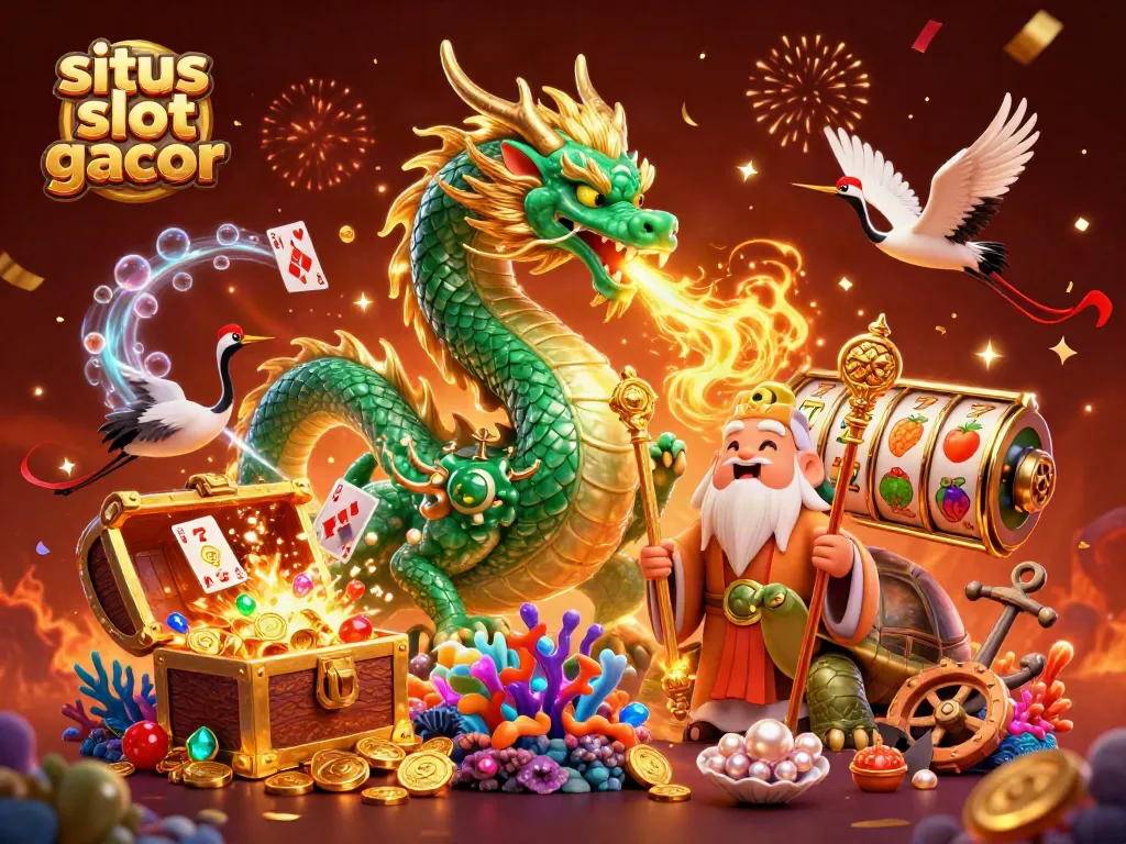 Engage with situs slot gacor imagery full of energy, featuring a jade dragon and lucky cranes in a festive casino scene.