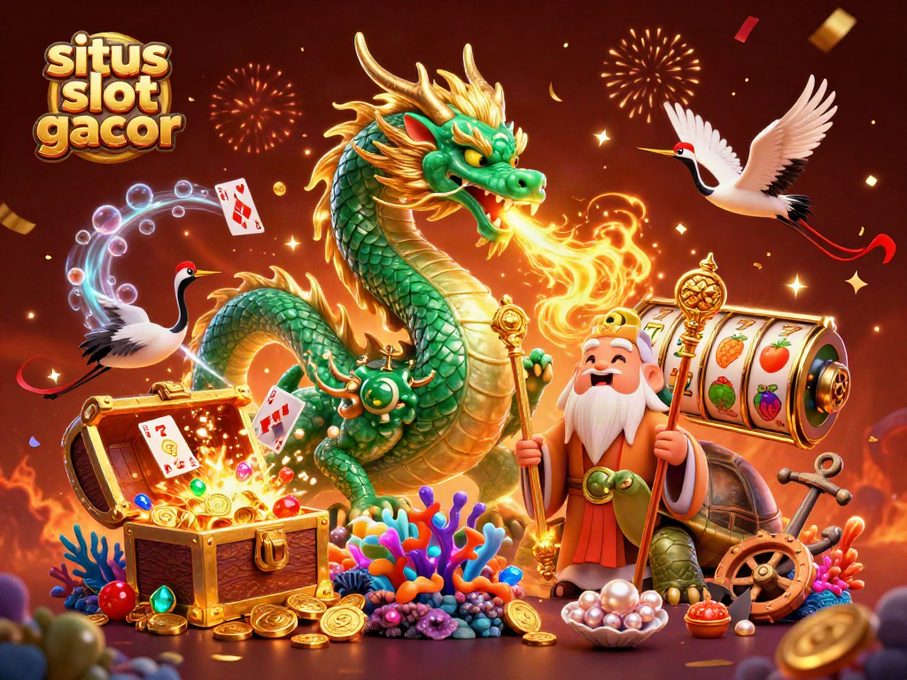 Engage with situs slot gacor imagery full of energy, featuring a jade dragon and lucky cranes in a festive casino scene.