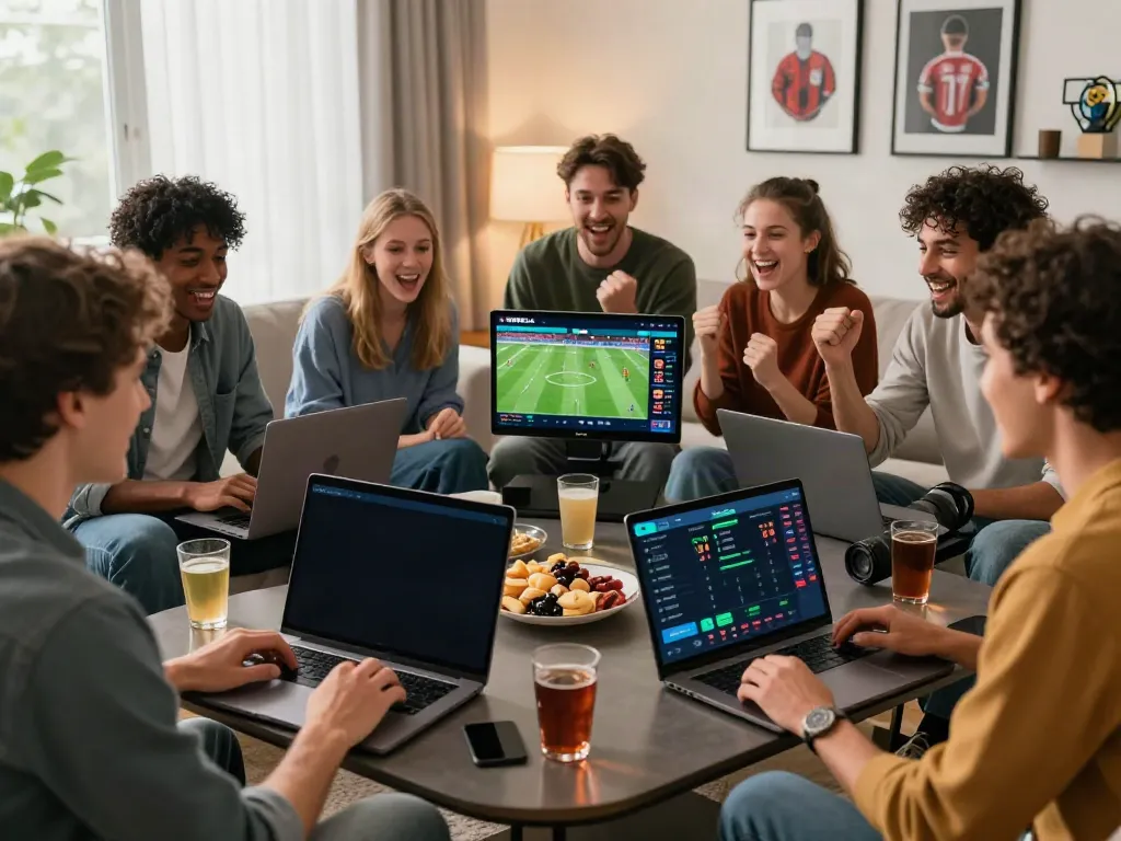 Engaging friends enjoying live soccer betting experience on WWBOLA platform.
