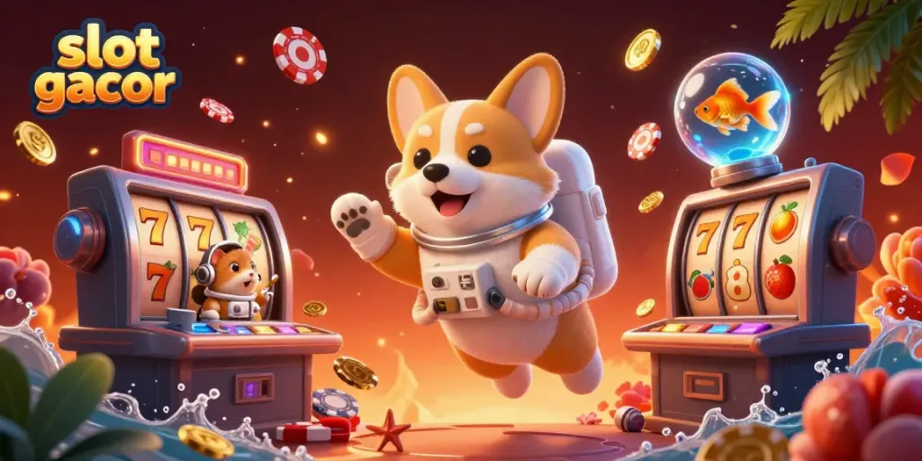 Experience excitement with slot gacor as a corgi astronaut floats in a cosmic casino.