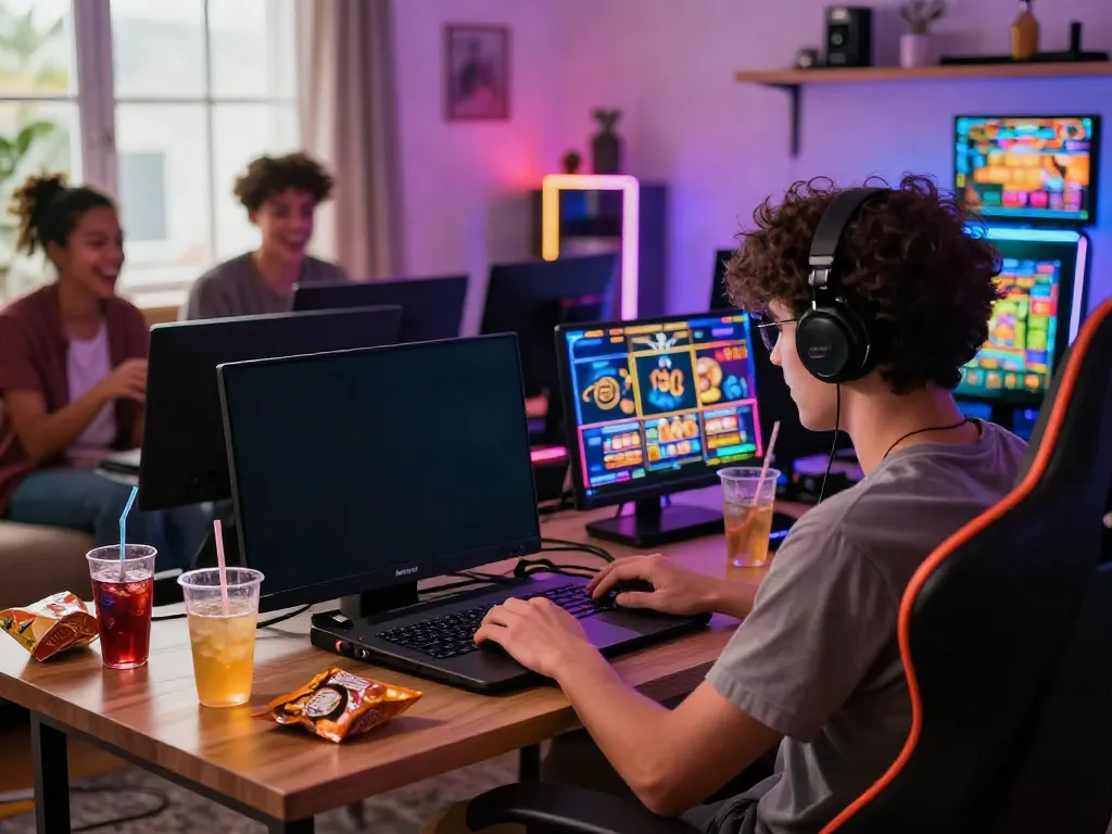 Player enjoying online slots on situs slot777 in a vibrant gaming room with snacks and friends.